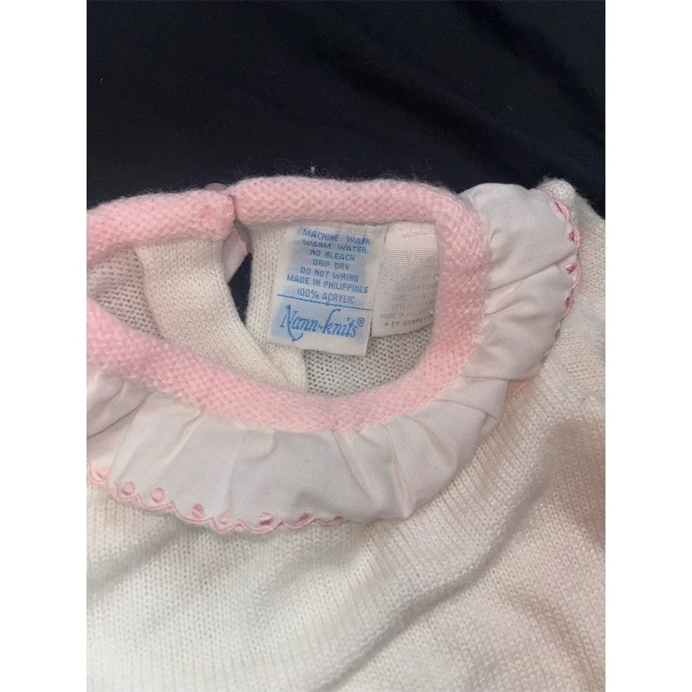 Newknit Baby Girl Cardigan Sweater White Pink Ruffle Collar Buttons 3-6M vintage